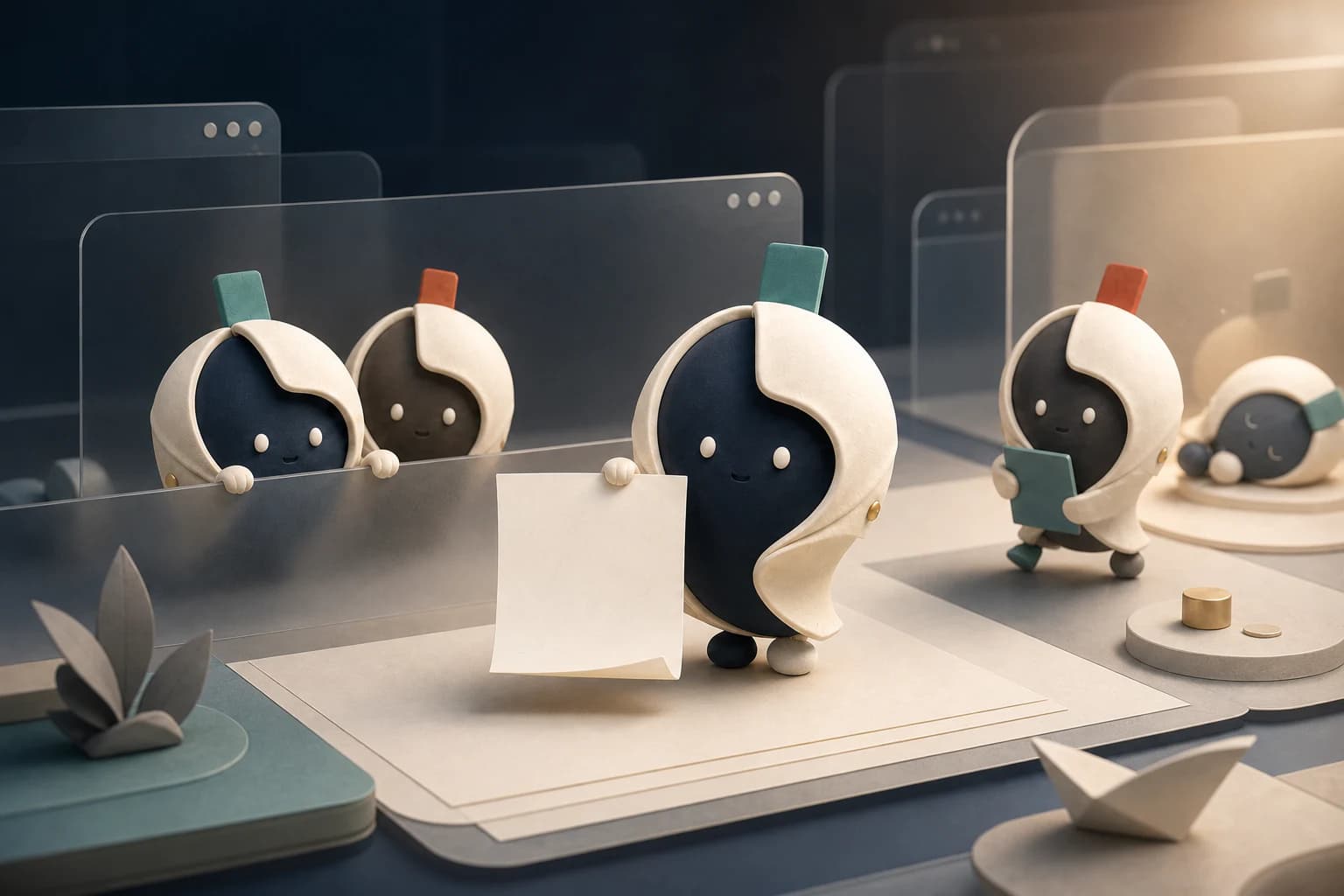 A detailed 2.5D miniature desktop world with five original folded-document companions: one presents a blank document, two peek from translucent windows, one carries a teal note and one sleeps in warm light.