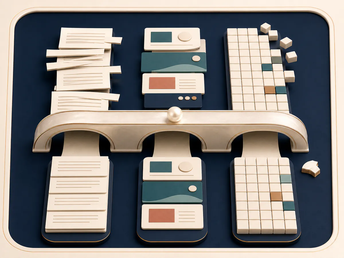 Paragraphs, presentation cards and spreadsheet cells each cross a shared bridge and remain distinct structured outputs.
