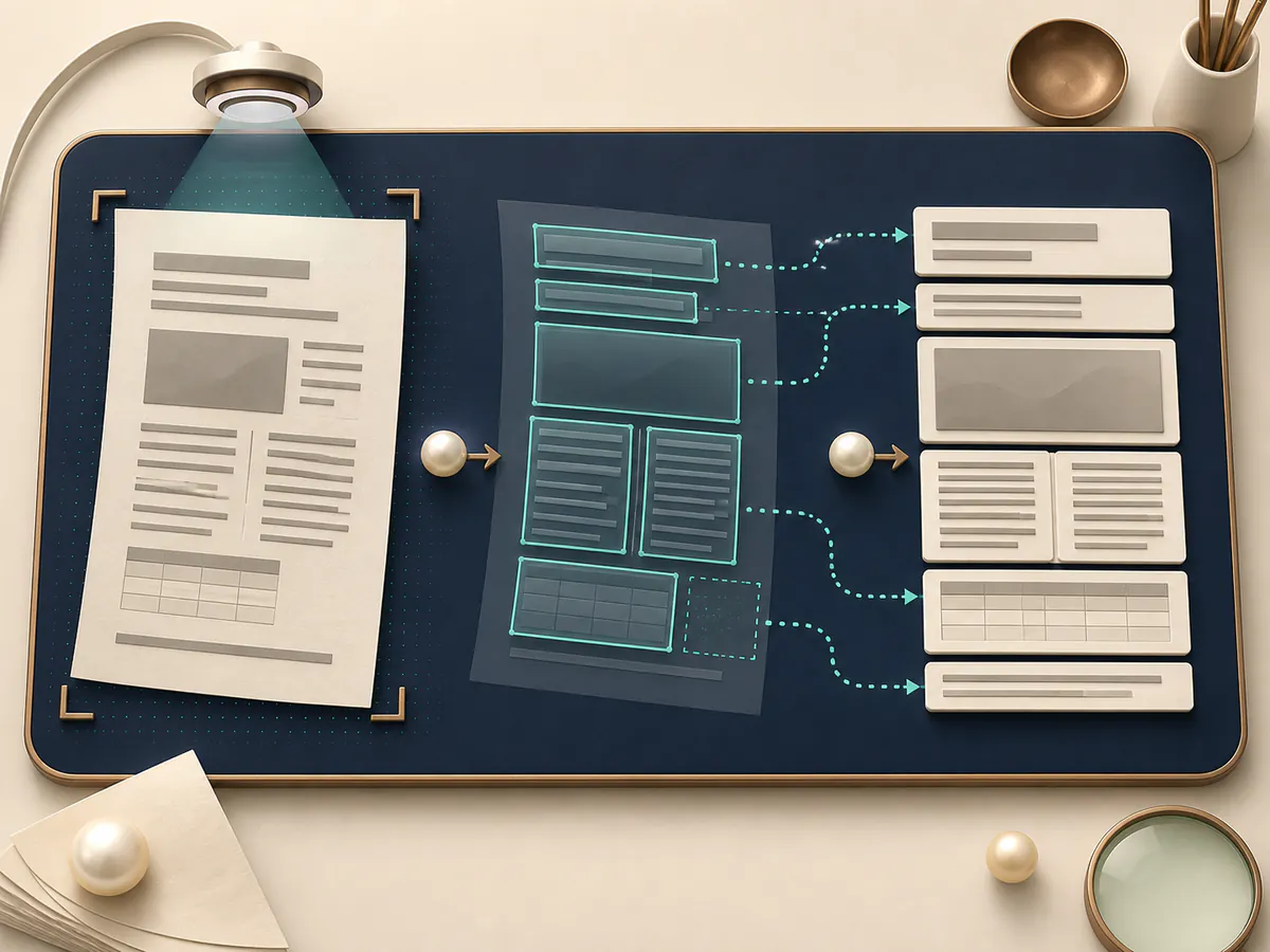An abstract scan is separated into regions and returned in a clear reading order, with one uncertain area left visibly set aside.
